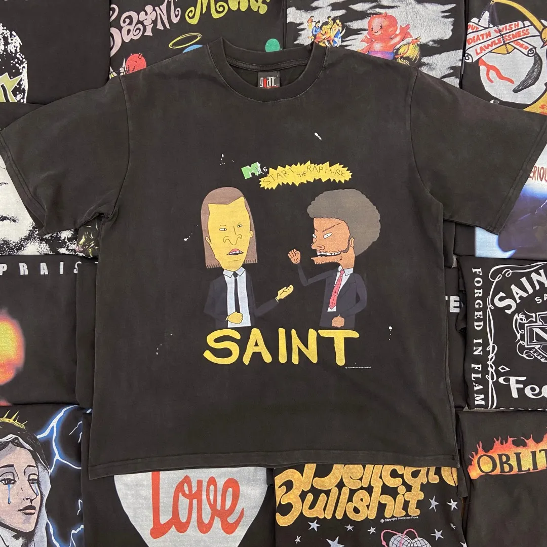 Saint Michael series of new American retro washed and distressed niche printed pure cotton loose short-sleeved T-shirts with digital white ink direct injection, breathable fabrics and three-dimensional and clear patterns. Fabric: Double yarn 240g Size: S-M-L-XL
